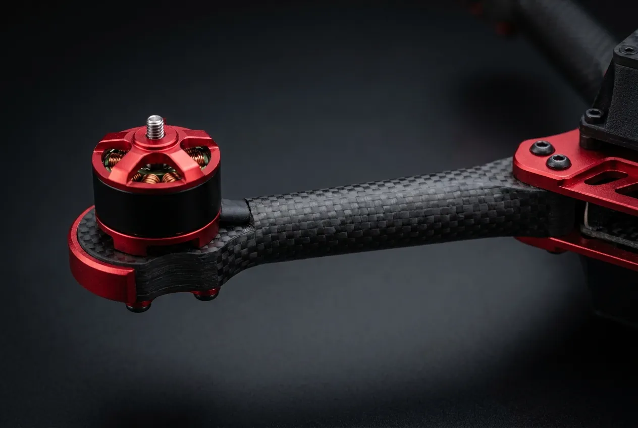 Macro du bras moteur carbone et rouge de la HELIX X2